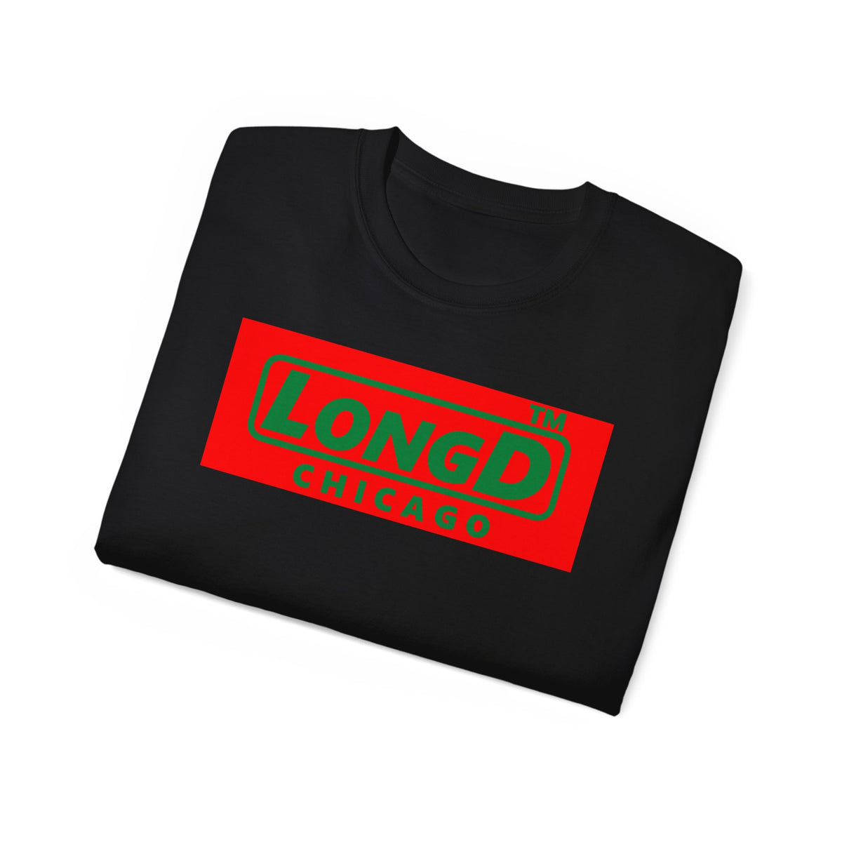 LongD Chicago logo positive green on negative red (Xmas colors) cotton tee