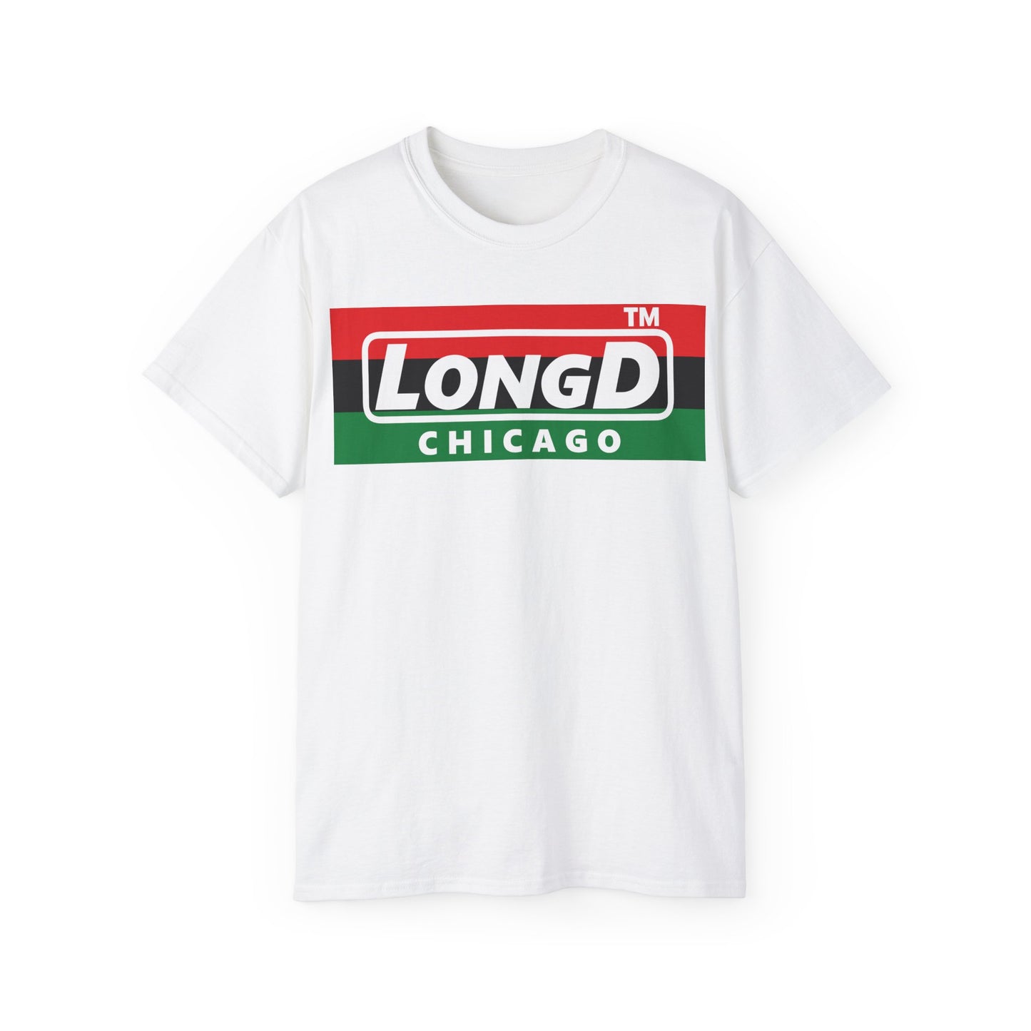 LongD negative horizontal 3-striped Chicago logo cotton tee (Juneteenth colors)