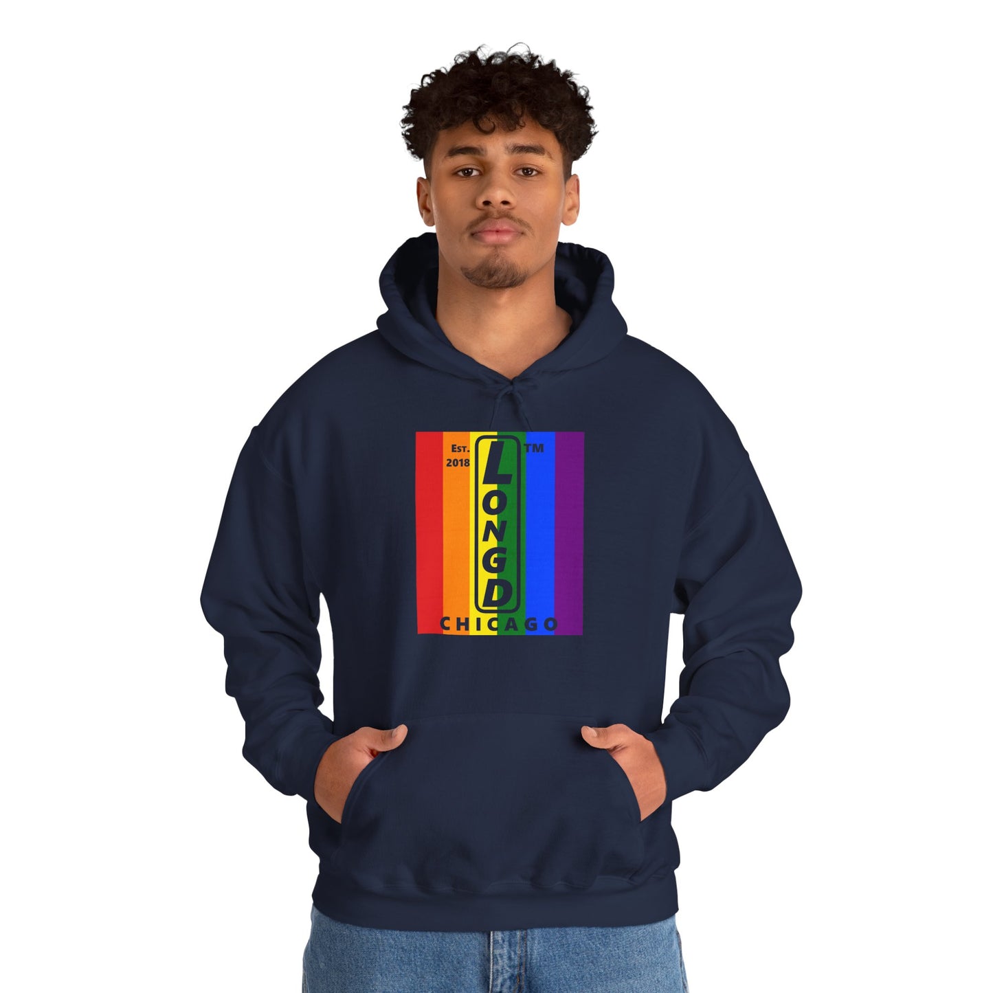 LongD® negative vertical 6-striped upright Chicago logo hoodie (Pride colors)