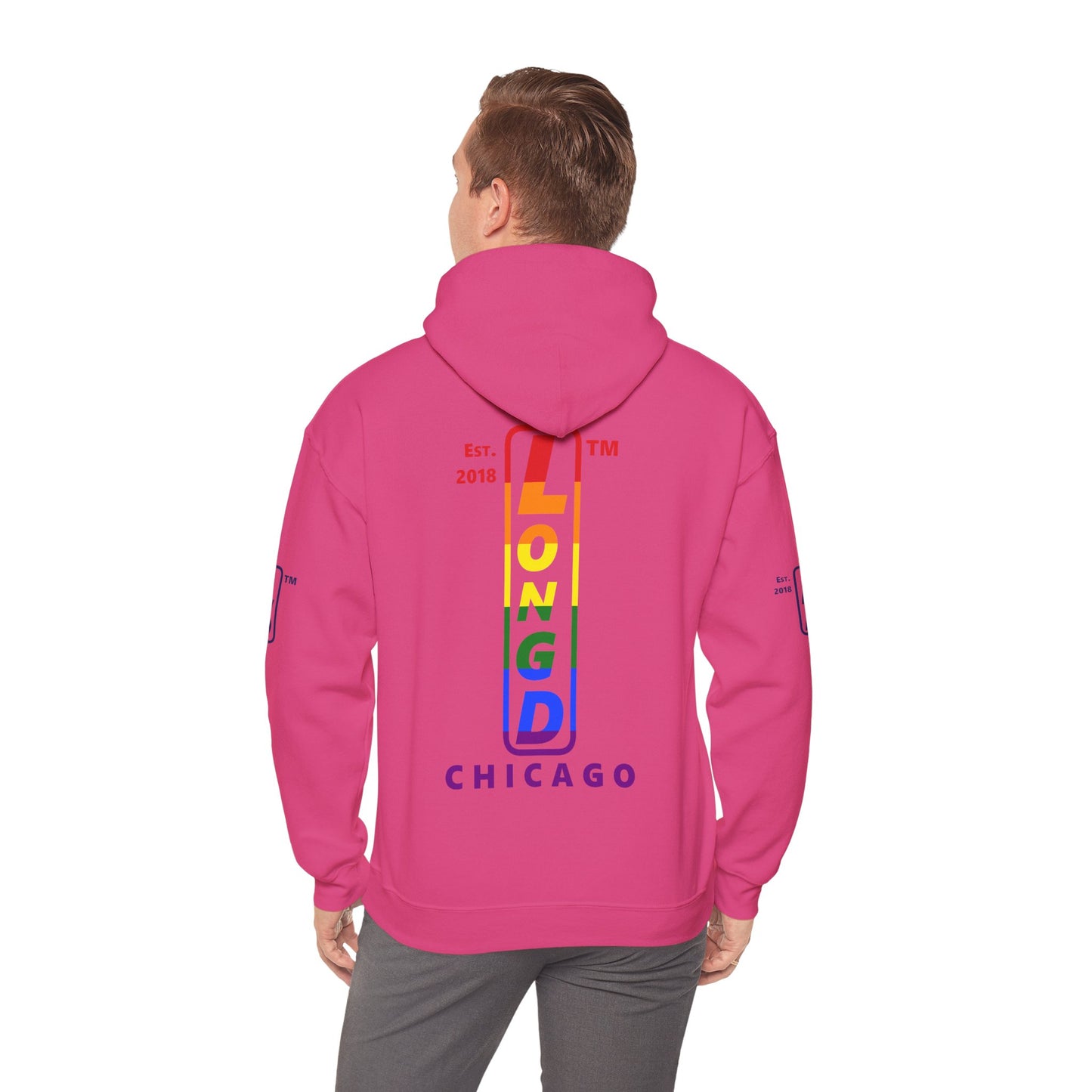 LongD® positive horizontal 6-striped Chicago 4-print upright logo hoodie (Pride colors)