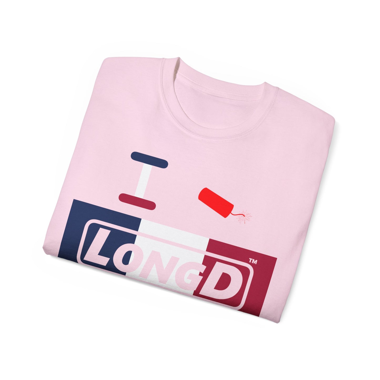 I Firecracker LongD® Logo Cotton Tee Blue, White and Red negative thirds text