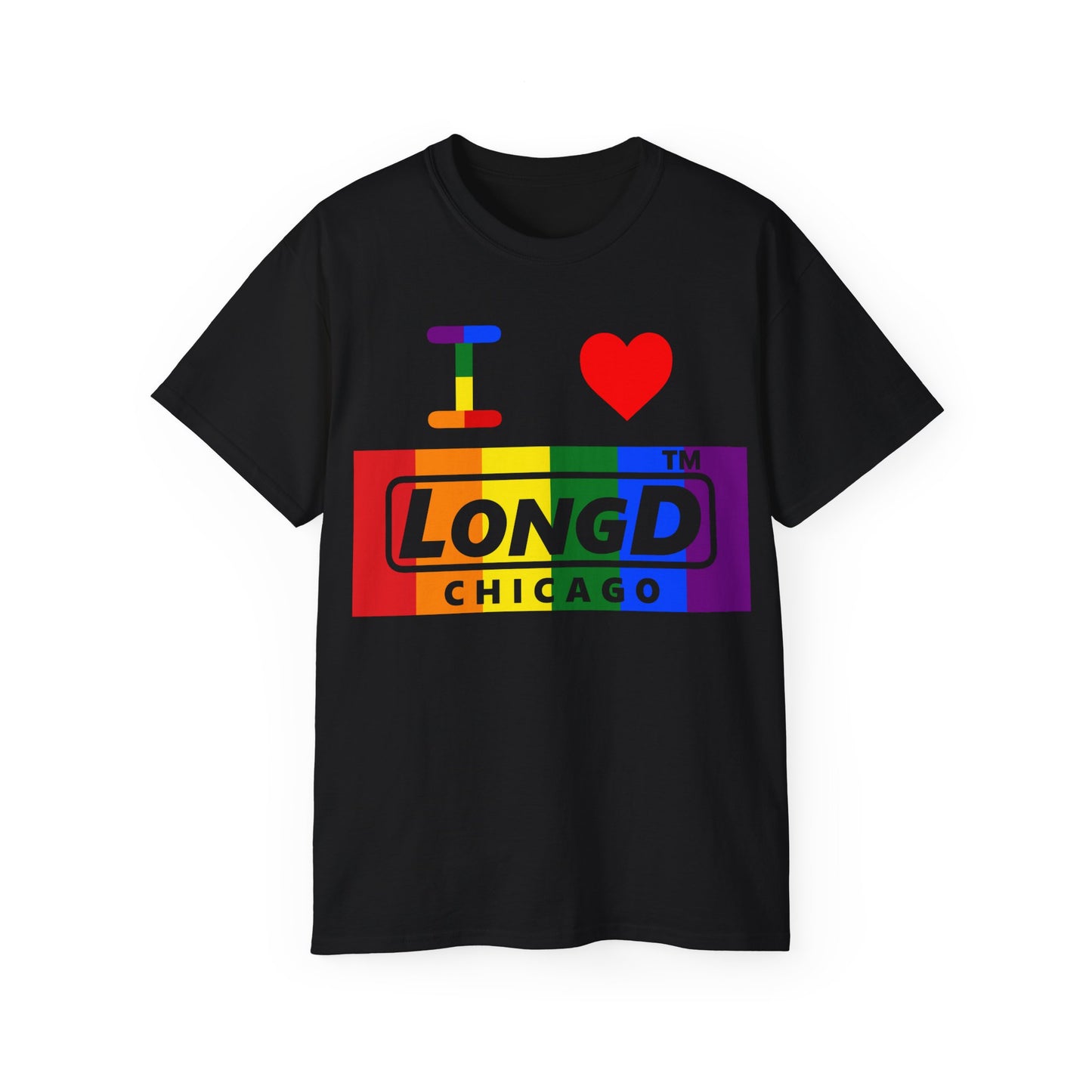 I Luv LongD negative vertical striped Chicago logo cotton tee (Pride colors)