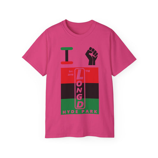 I fist LongD Cotton Tee negative horizontal striped Hyde Park upright logo (Juneteenth colors)
