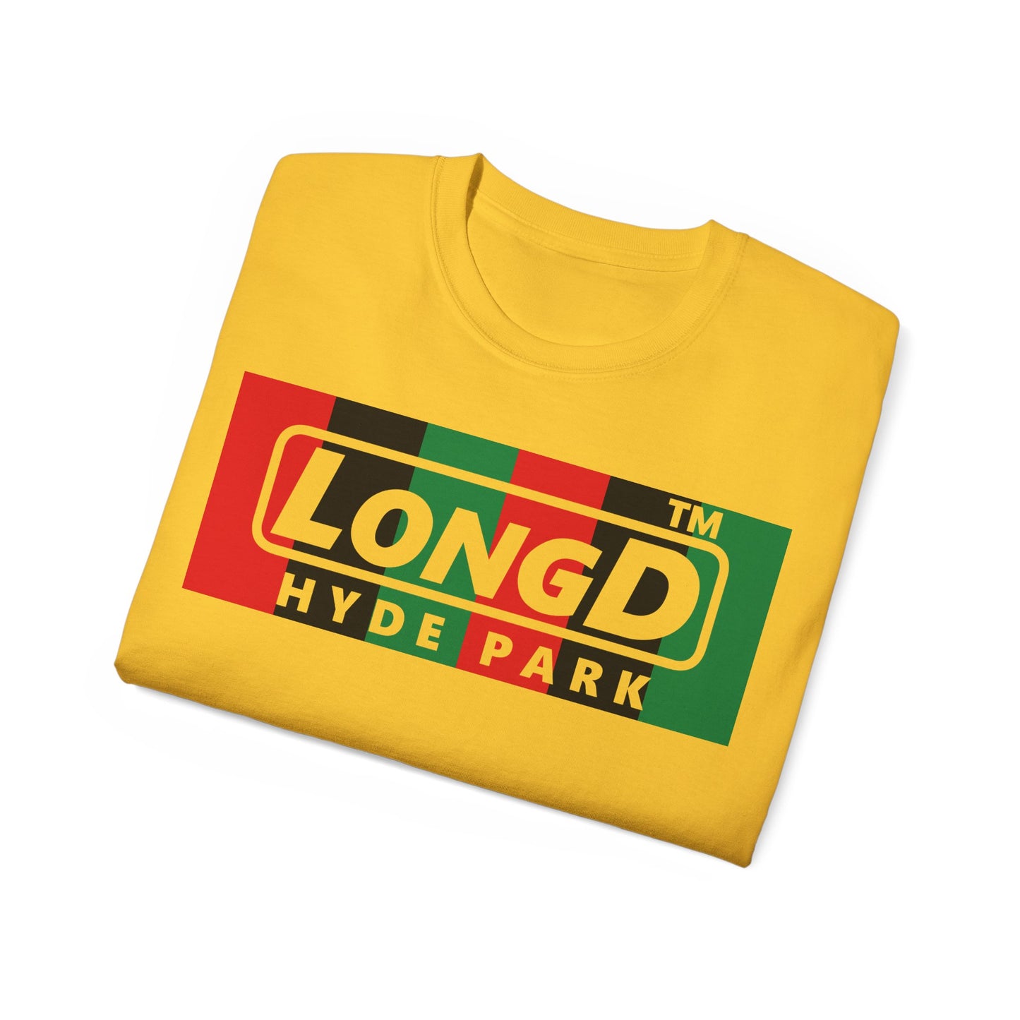 LongD negative vertical 6-striped Hyde Park logo front-back cotton tee (Juneteenth colors)