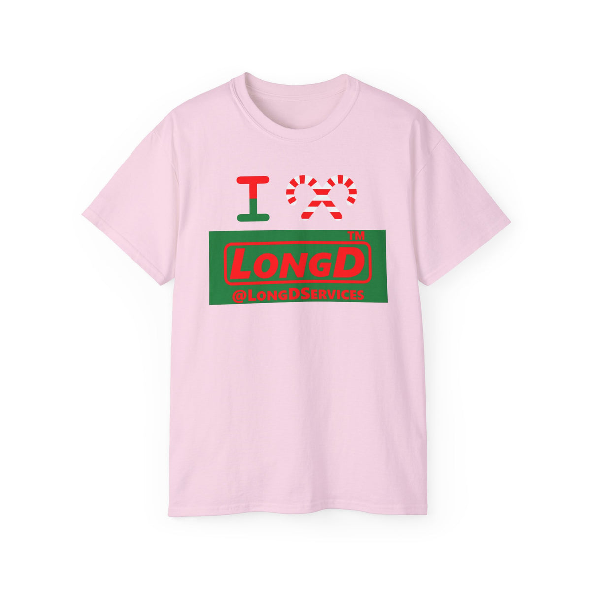 I candy cane LongD Tag logo positive red on negative green cotton tee