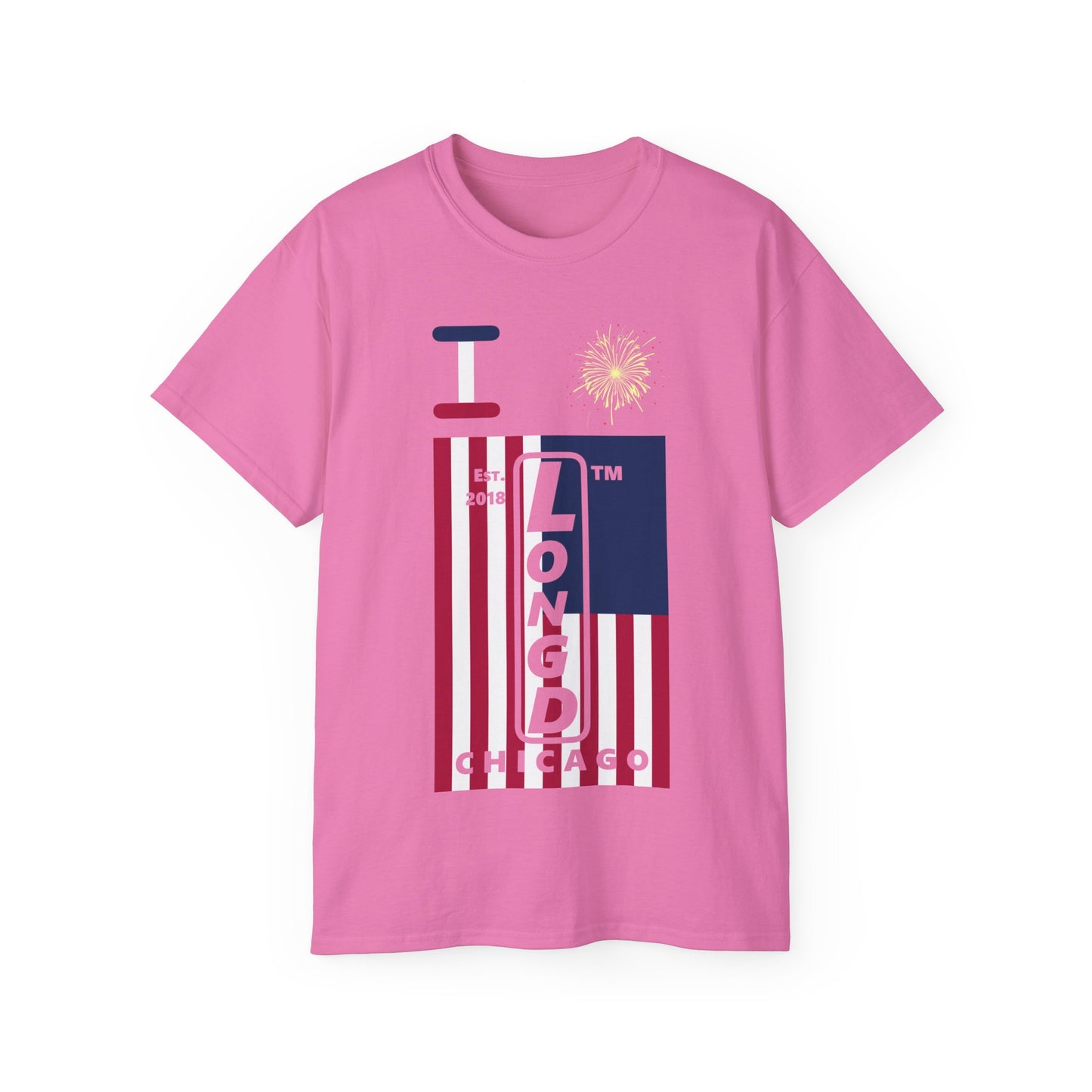 I Burst LongD cotton tee negative cropped flag Chicago upright logo (Patriotic colors)