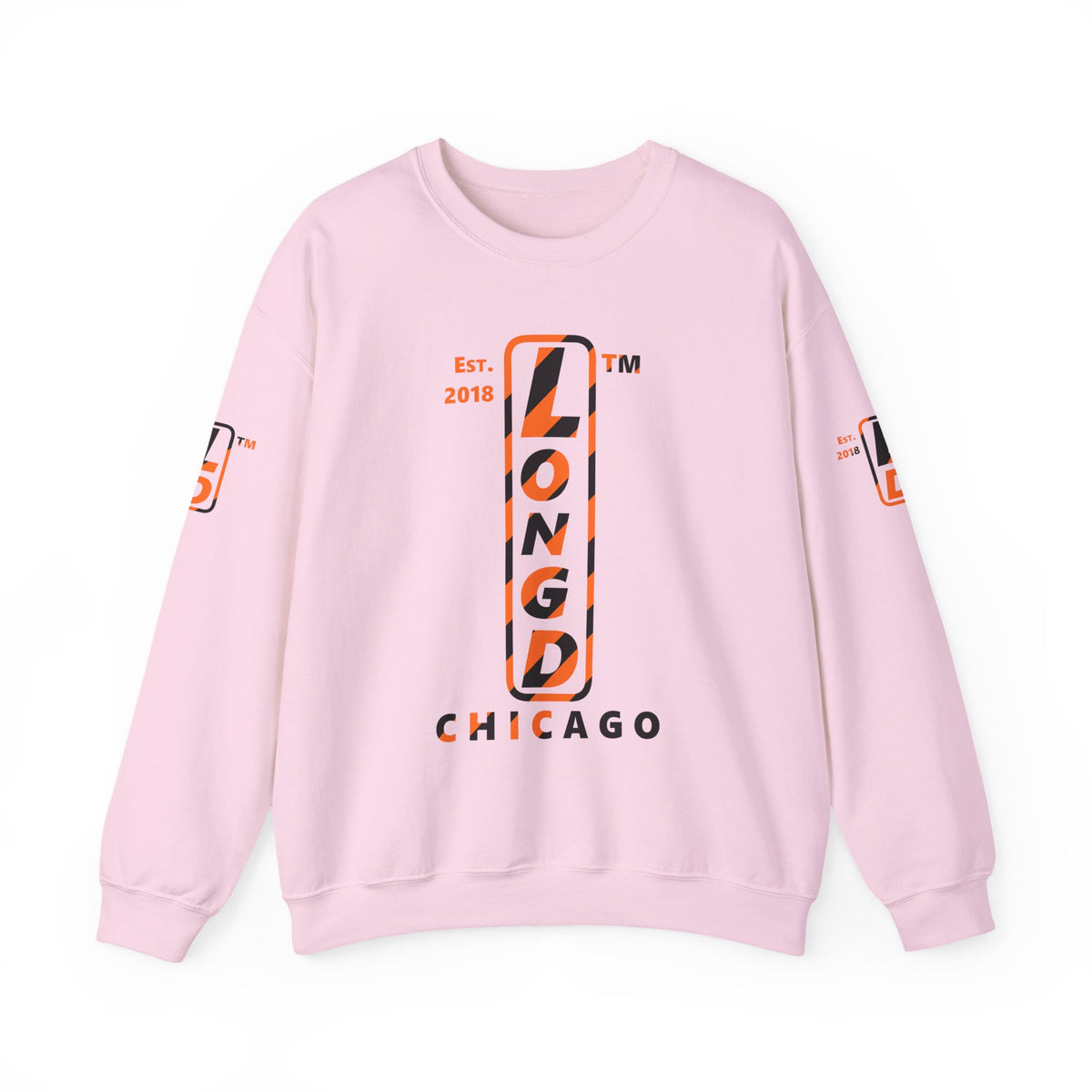 LongD Chicago positive upright pixel-weighted 12-striped 4-print logo (Halloween colors) crewneck sweatshirt