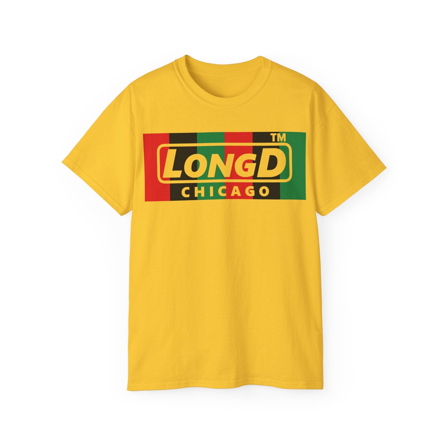 LongD negative vertical 6-striped Chicago logo front-back cotton tee (Juneteenth colors)