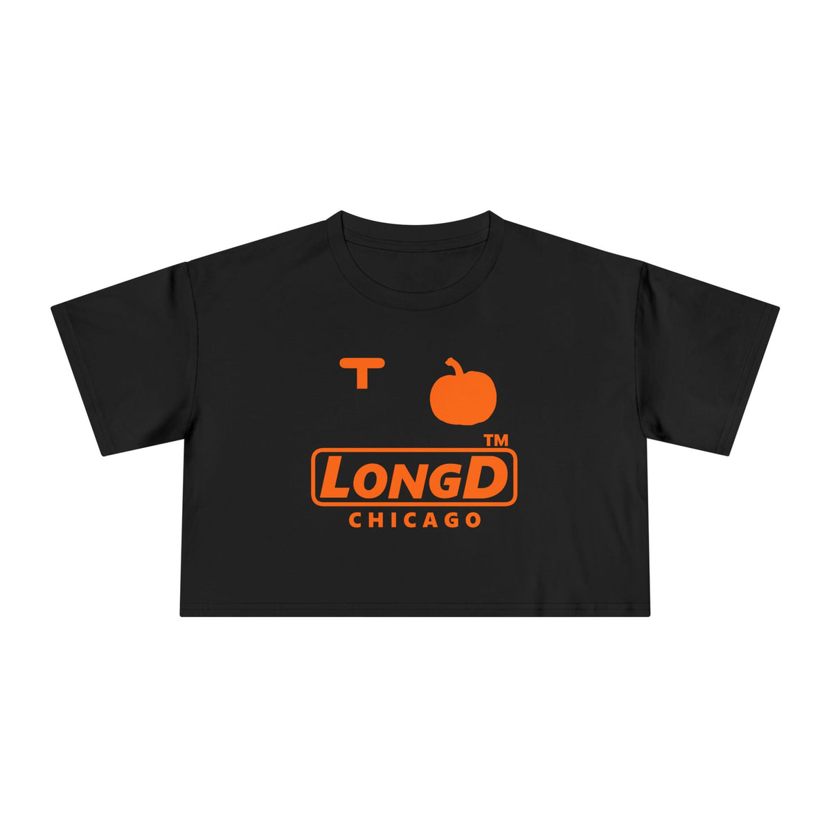 I pumpkin LongD Chicago logo positive orange on negative black crop tee