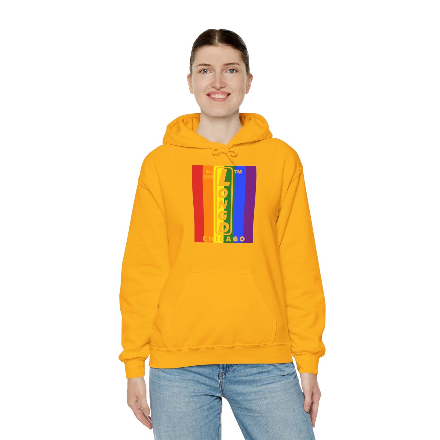 LongD® negative vertical 6-striped upright Chicago logo hoodie (Pride colors)