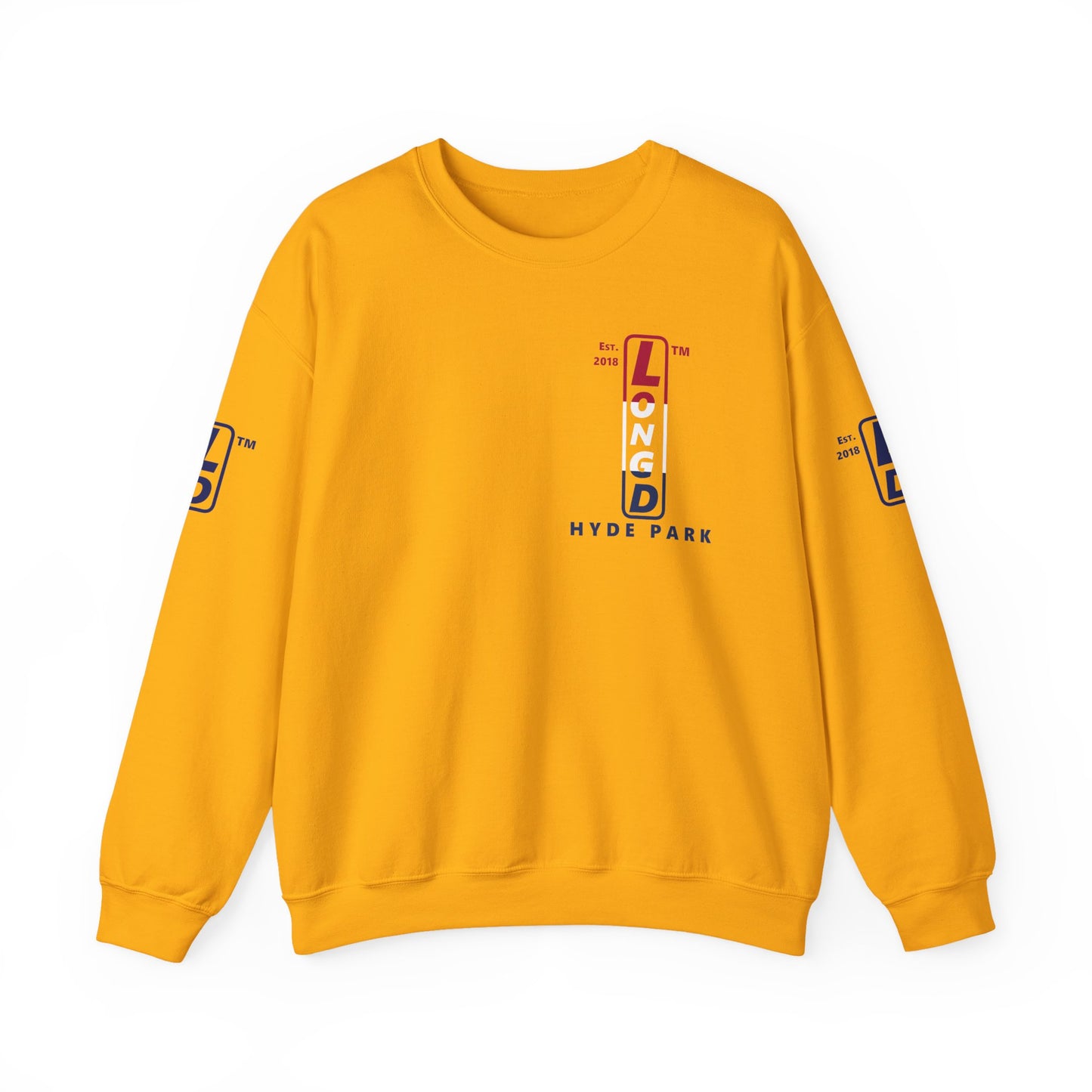 LongD positive horizontal 3-striped Hyde Park upright 4-print single-breasted logo crewneck sweatshirt (patriotic colors)
