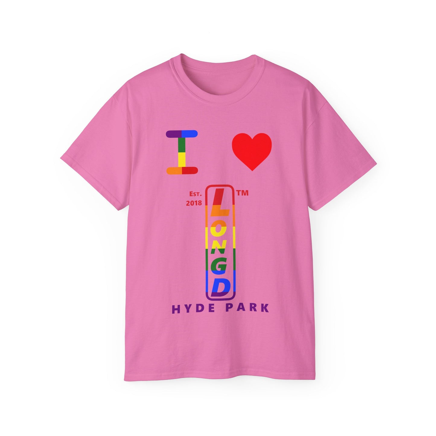 I Luv LongD Cotton Tee positive horizontal striped Hyde Park upright logo (Pride colors)