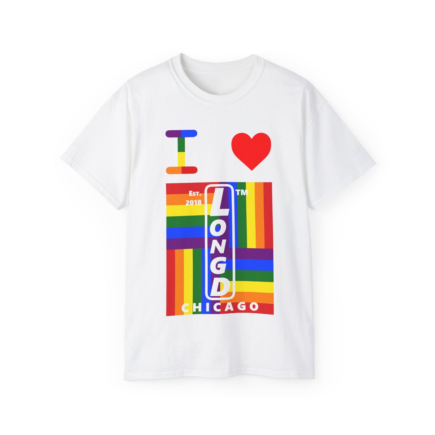 I Luv LongD Cotton Tee negative windmill Chicago upright logo (Pride colors)