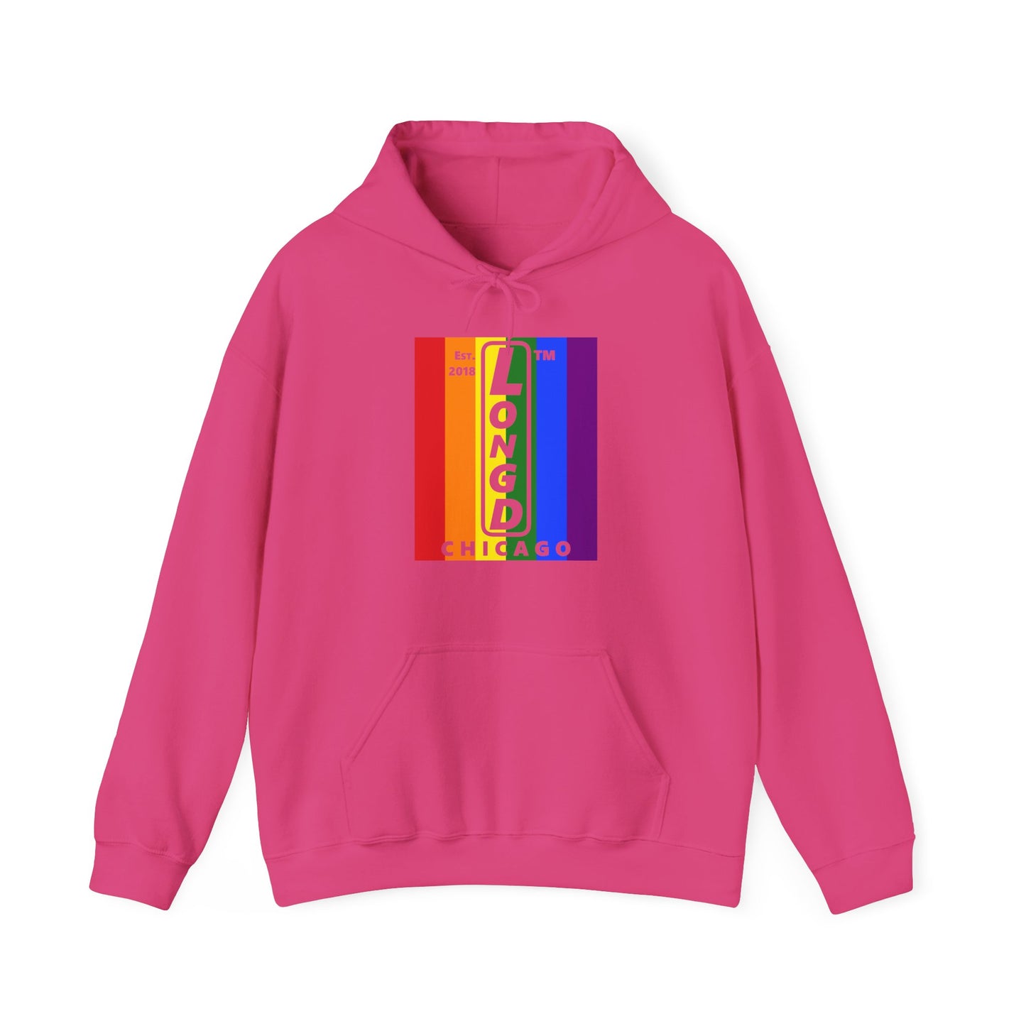 LongD® negative vertical 6-striped upright Chicago logo hoodie (Pride colors)