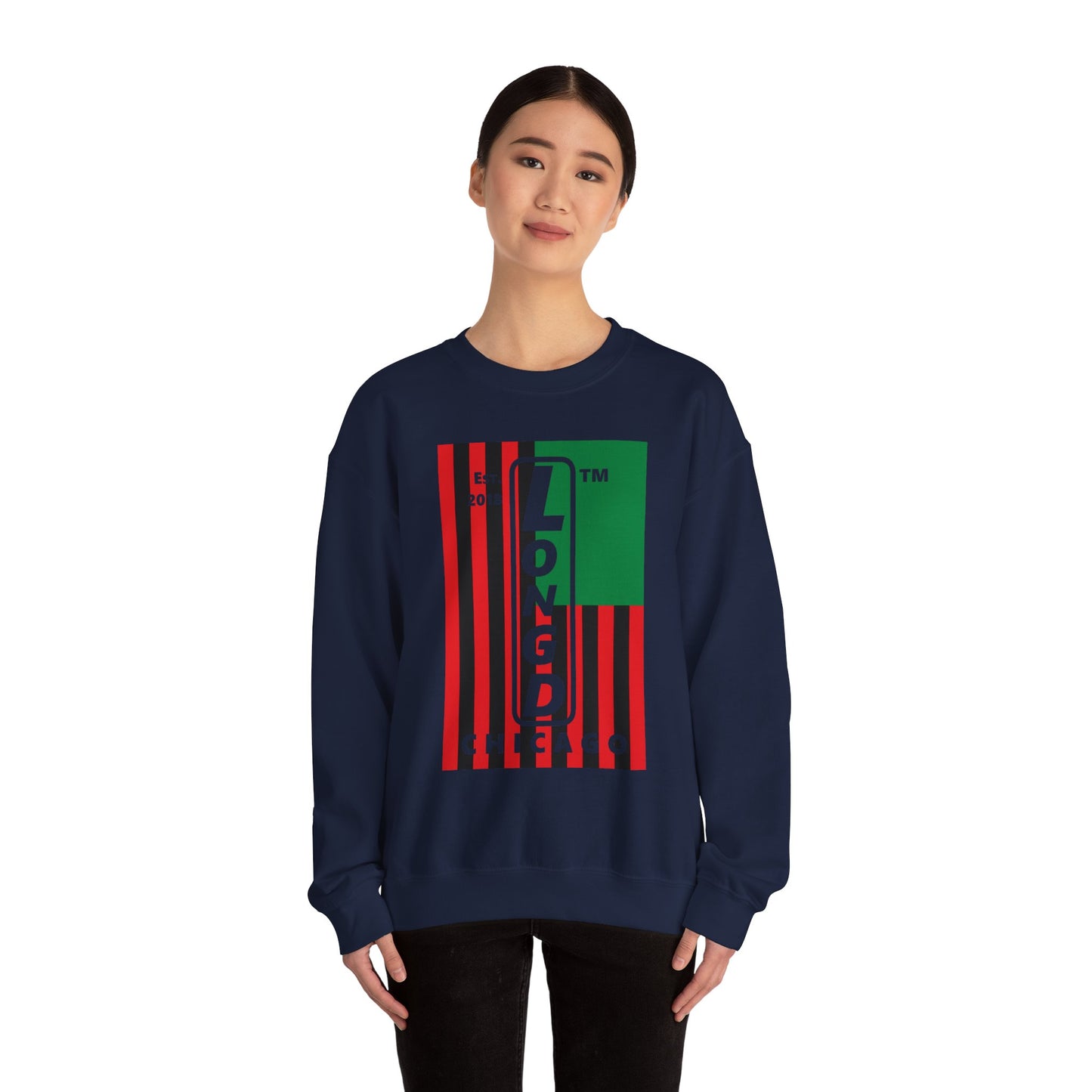 LongD negative cropped flag Chicago upright logo crewneck sweatshirt (Juneteenth colors)