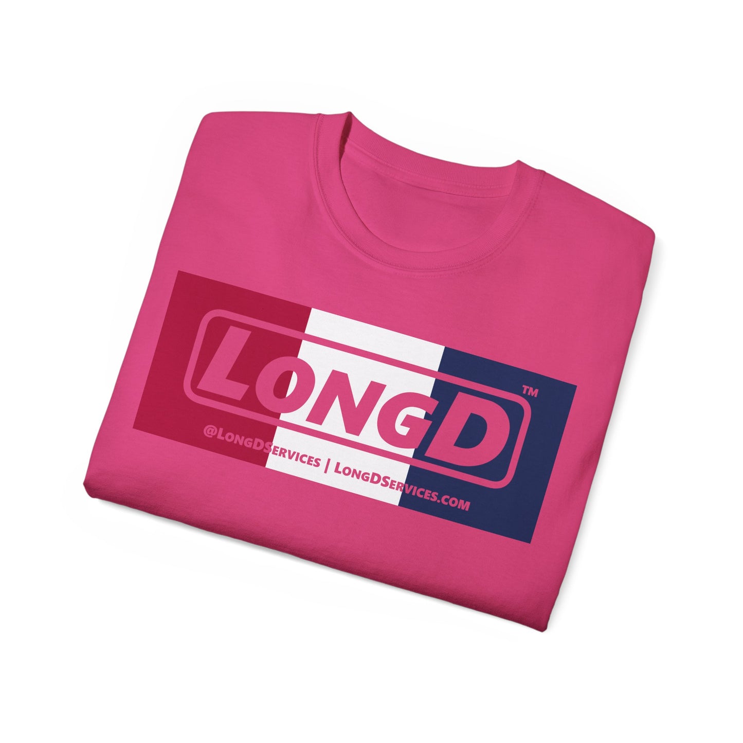 LongD® Logo Cotton Tee Red, White and Blue negative thirds text
