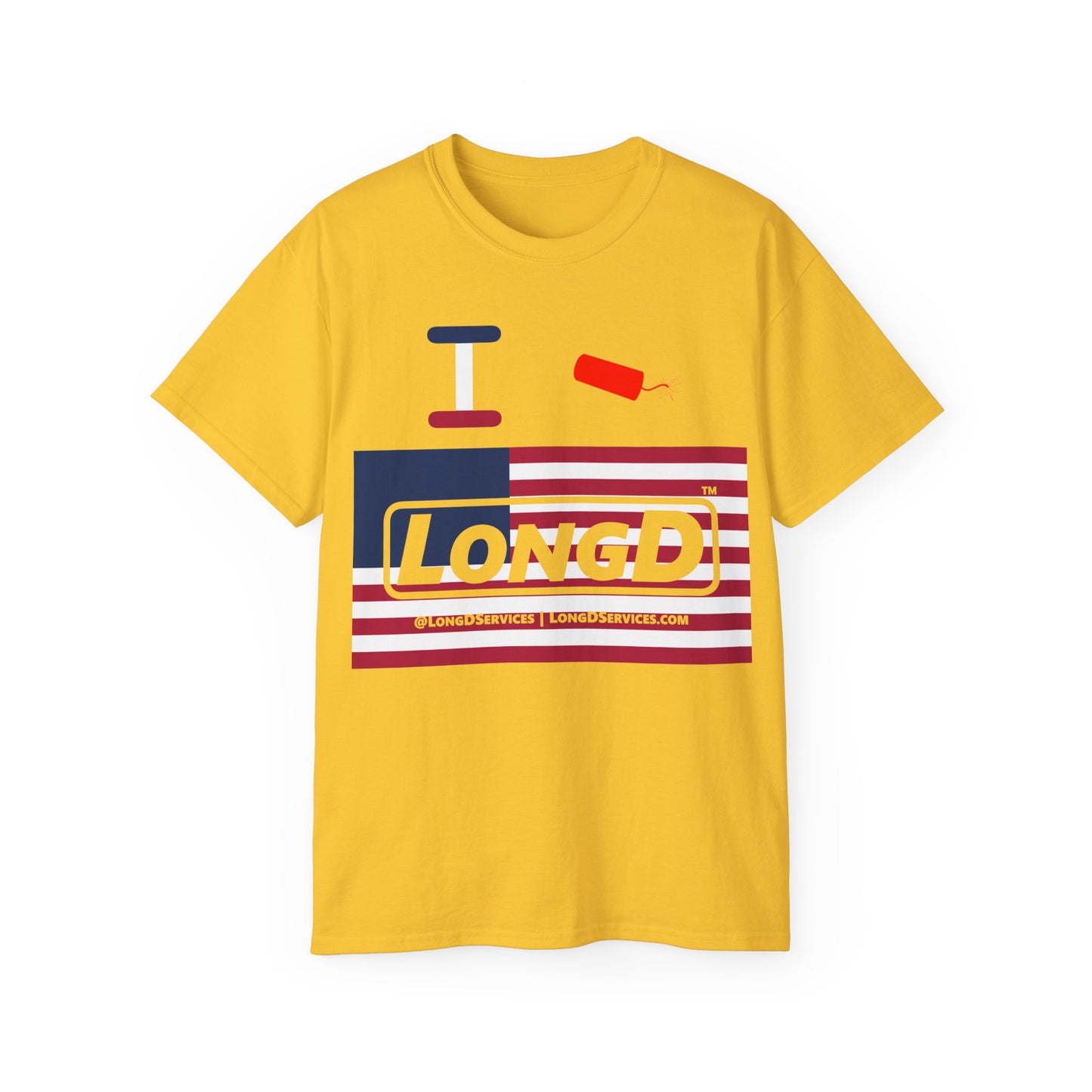 I Firecracker LongD® Logo Cotton Tee Red, White and Blue negative flag text