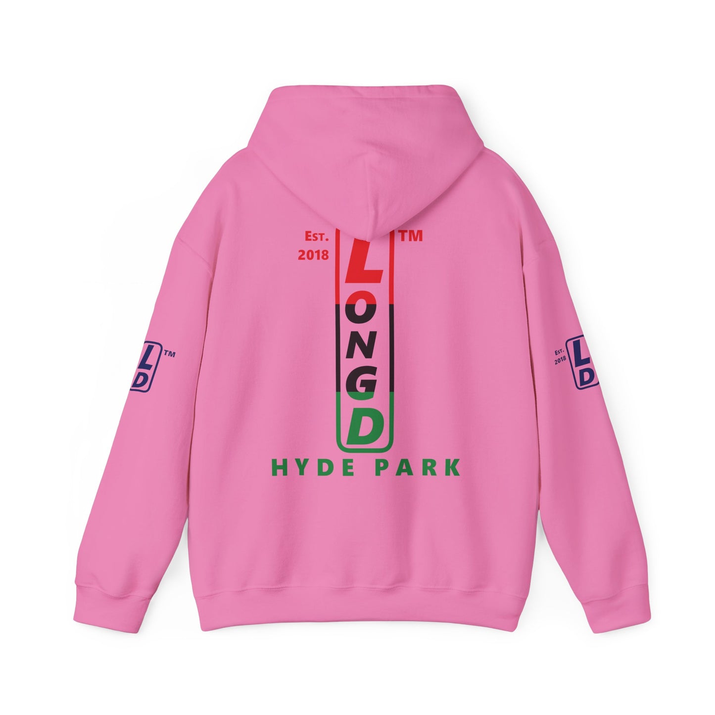 LongD® positive horizontal 3-striped Hyde Park 4-print upright logo hoodie (Juneteenth colors)