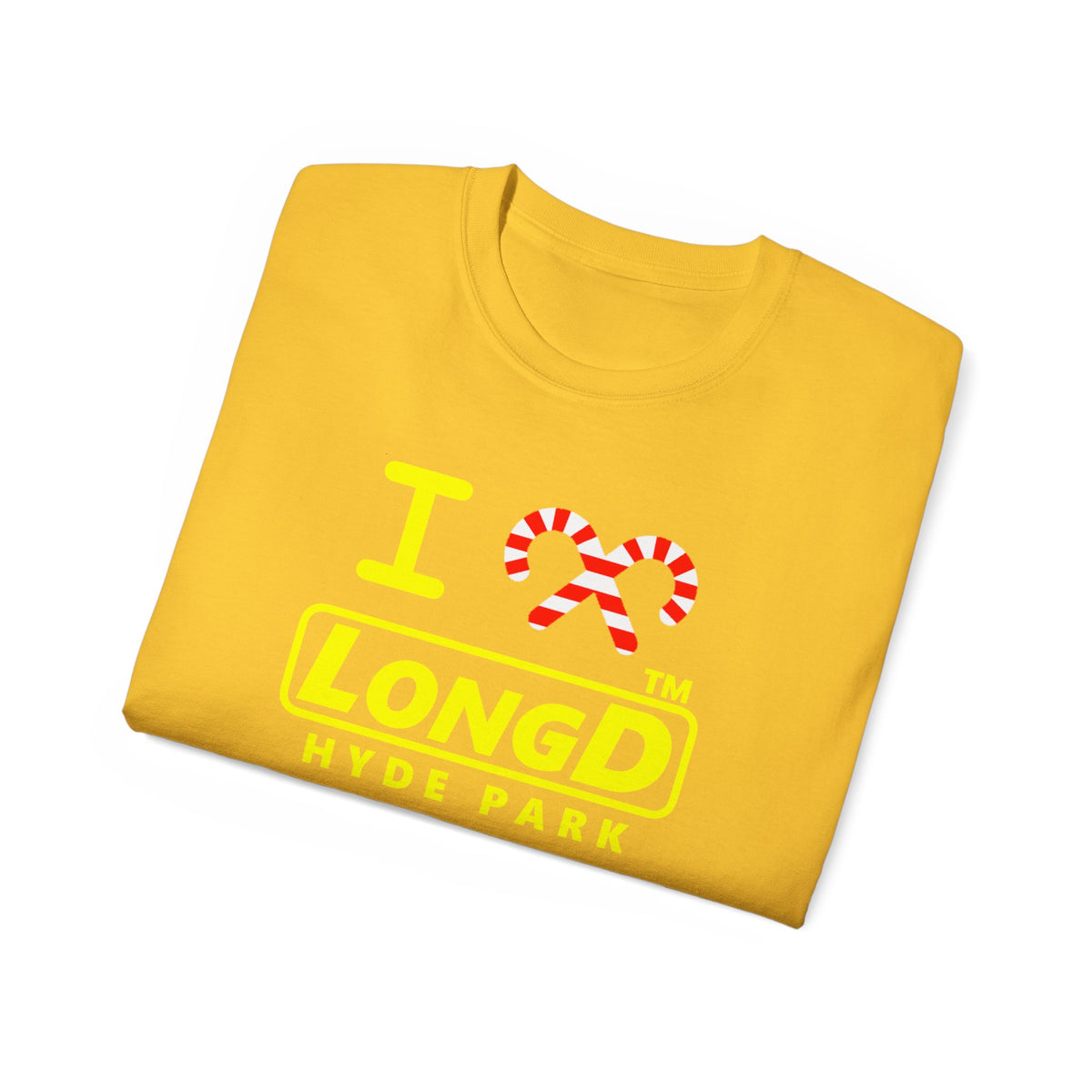 I candy cane LongD Hyde Park positive alternate basic yellow logo cotton tee