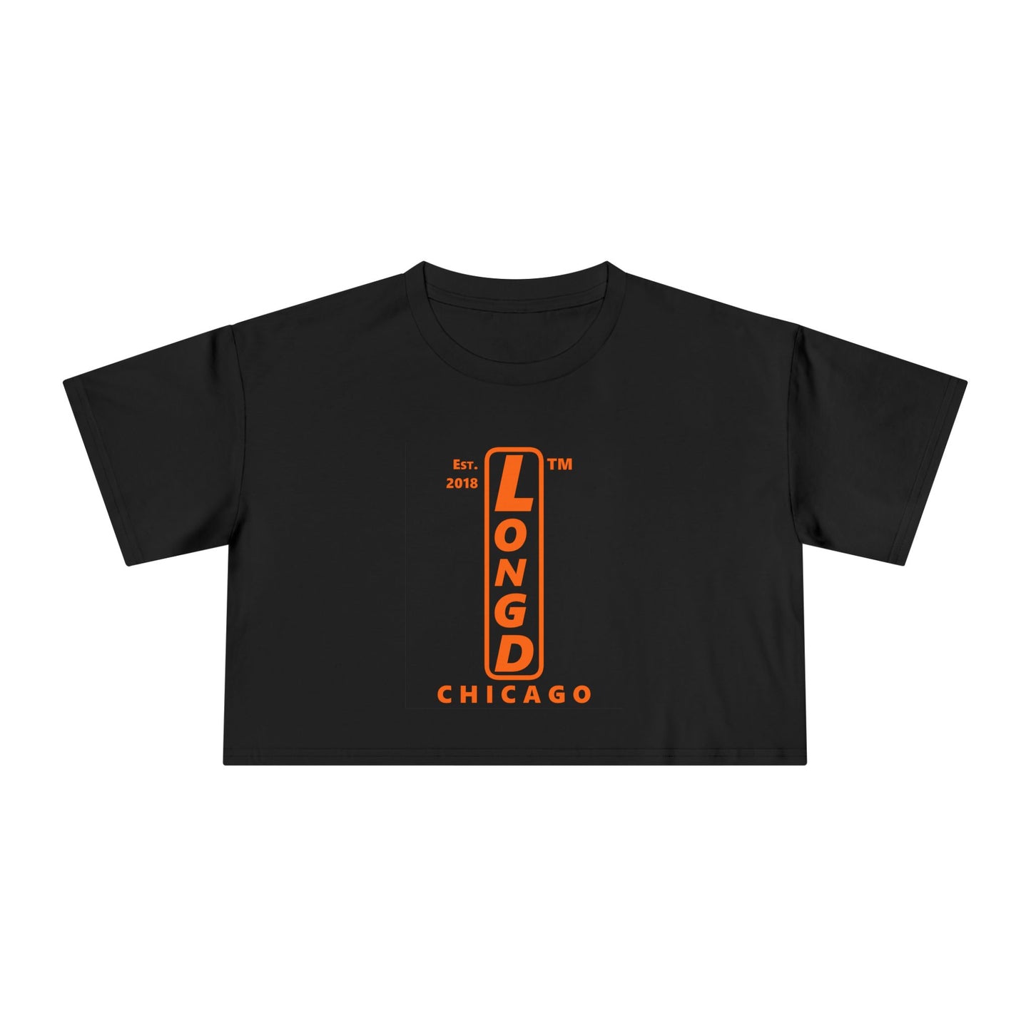 LongD Chicago upright front-back logo orange (FE7518) on Black (000000) crop tee
