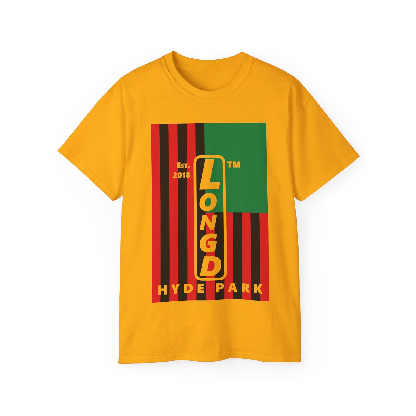 LongD Cotton Tee negative flag Hyde Park upright logo (Juneteenth colors)