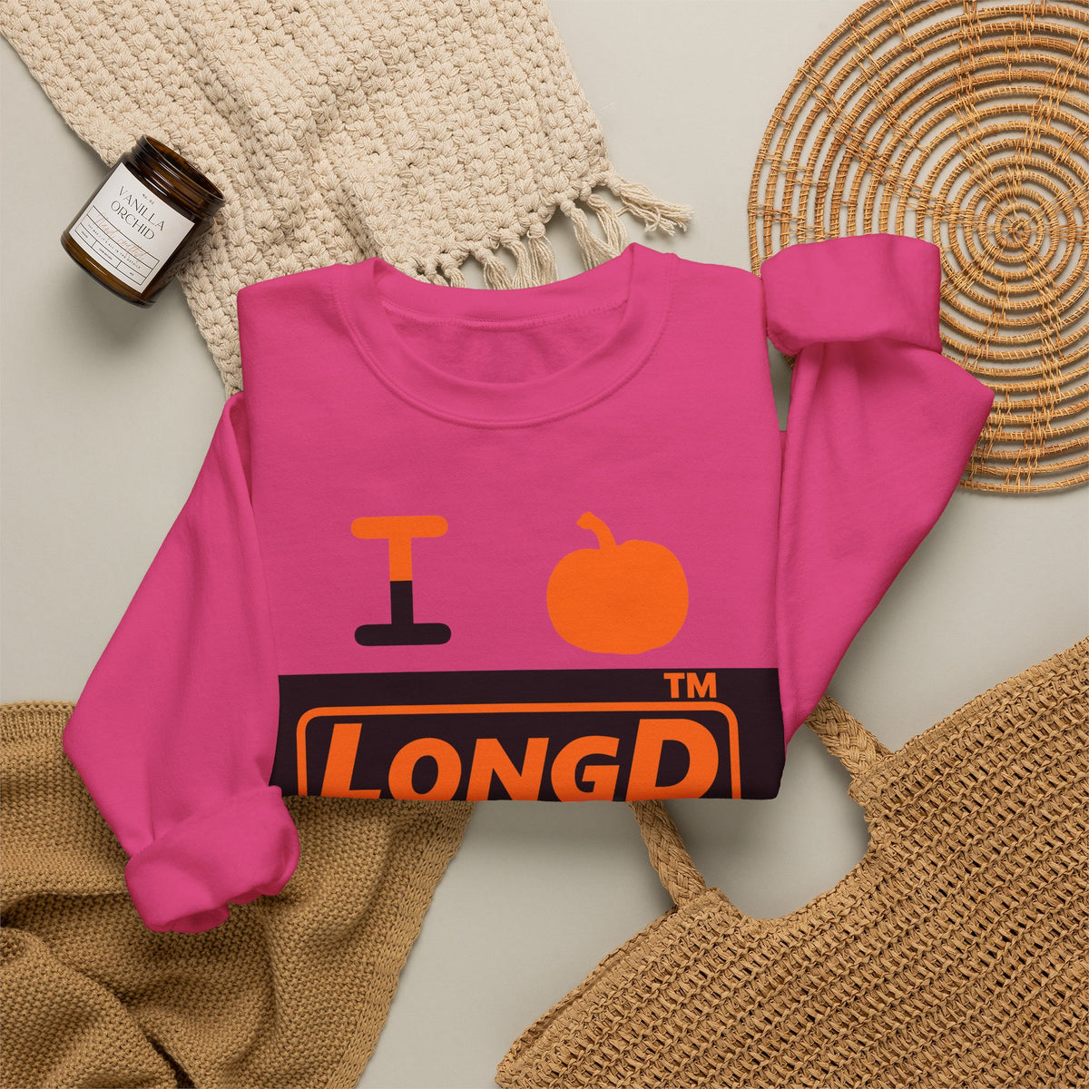 I pumpkin LongD Hyde Park logo positive orange on negative black crewneck sweatshirt