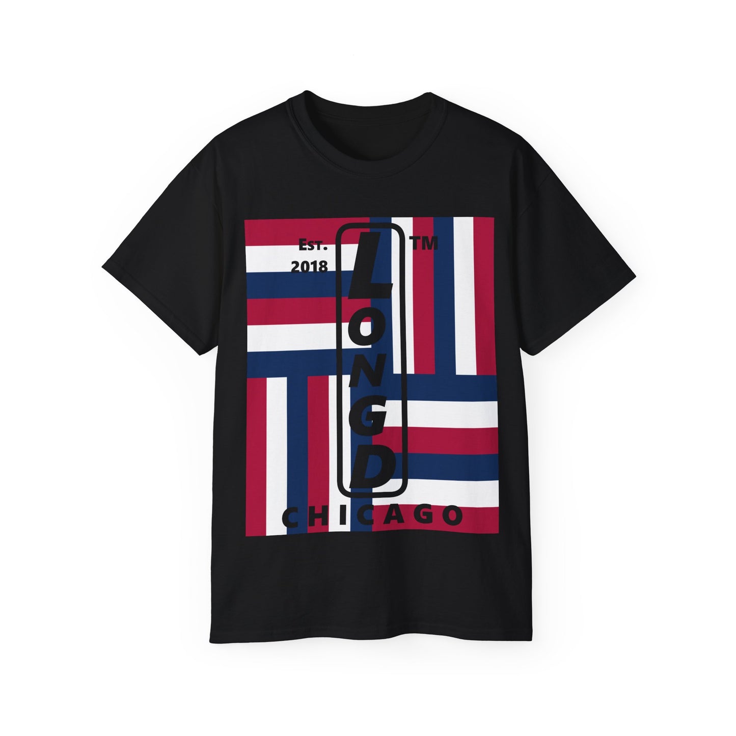 LongD cotton tee negative windmill Chicago upright logo (Patriotic colors)