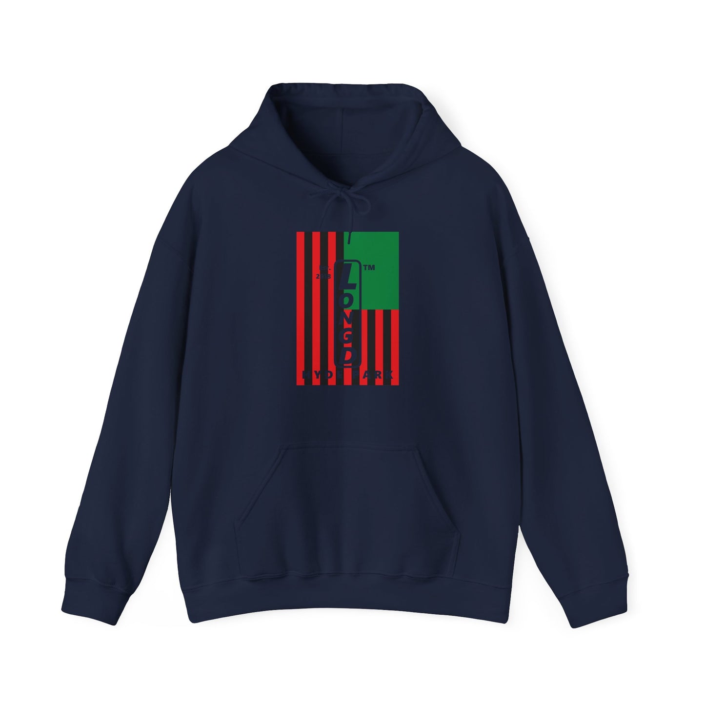 LongD® negative cropped flag upright Hyde Park logo hoodie (Juneteenth colors)