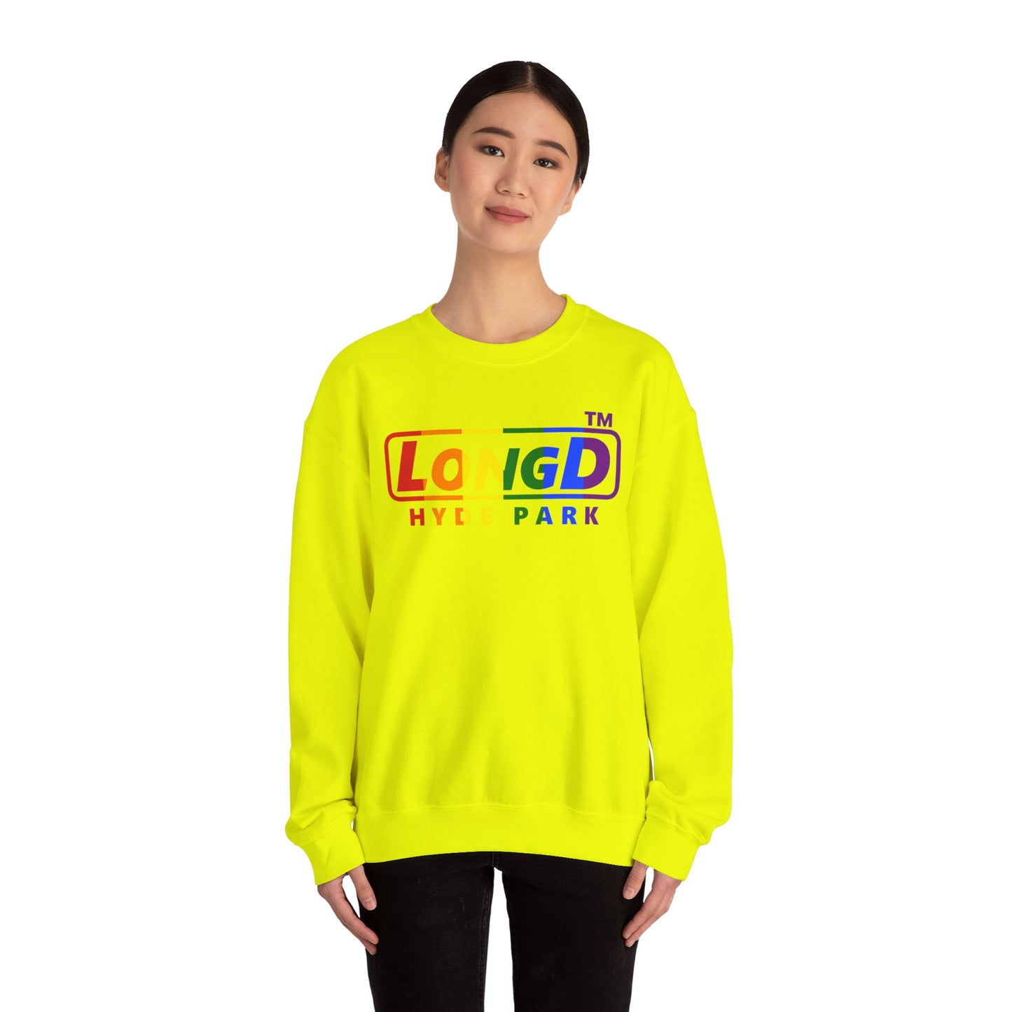 LongD positive vertical striped Hyde Park logo crewneck sweatshirt (Pride colors)