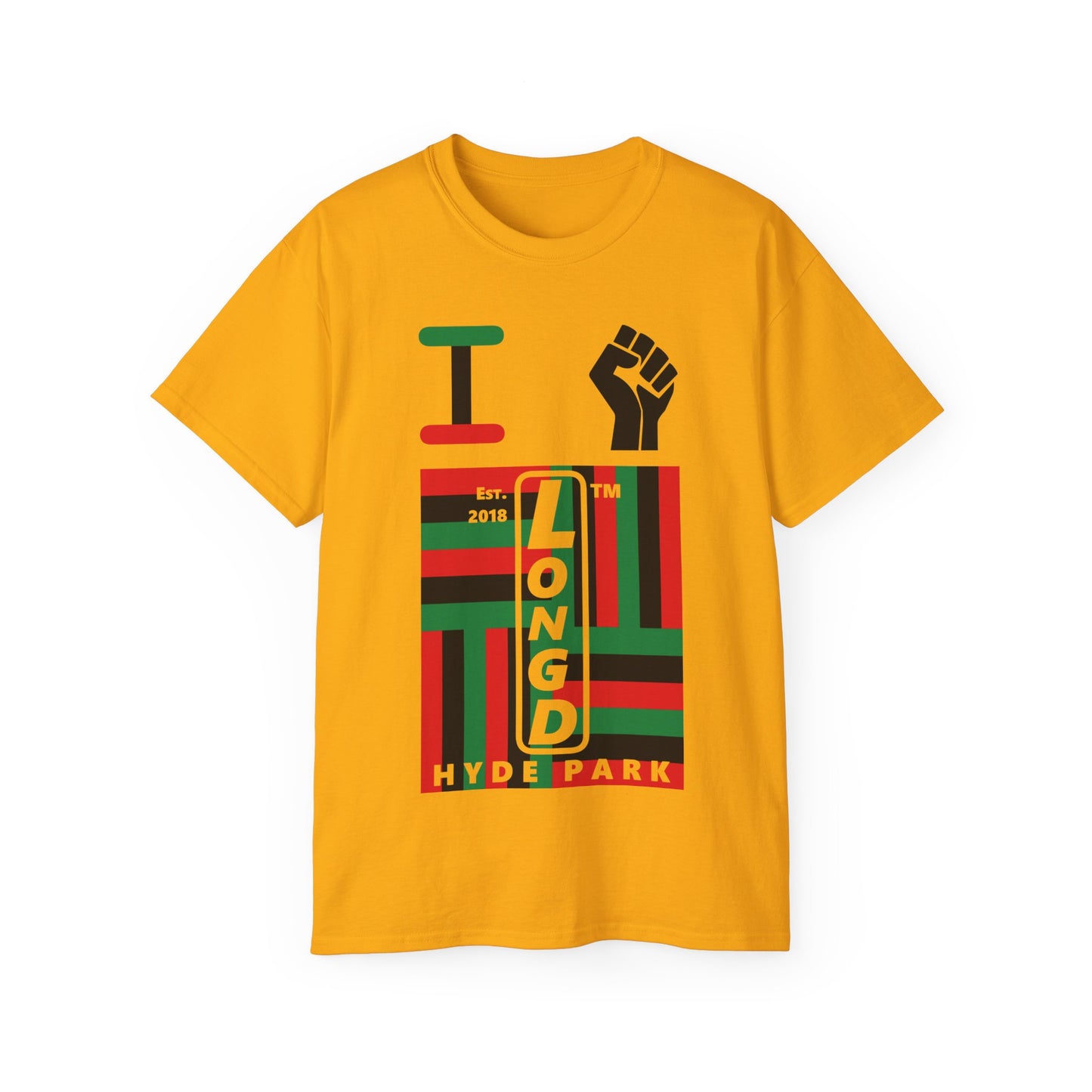 I fist LongD Cotton Tee negative windmill Hyde Park upright logo (Juneteenth colors)