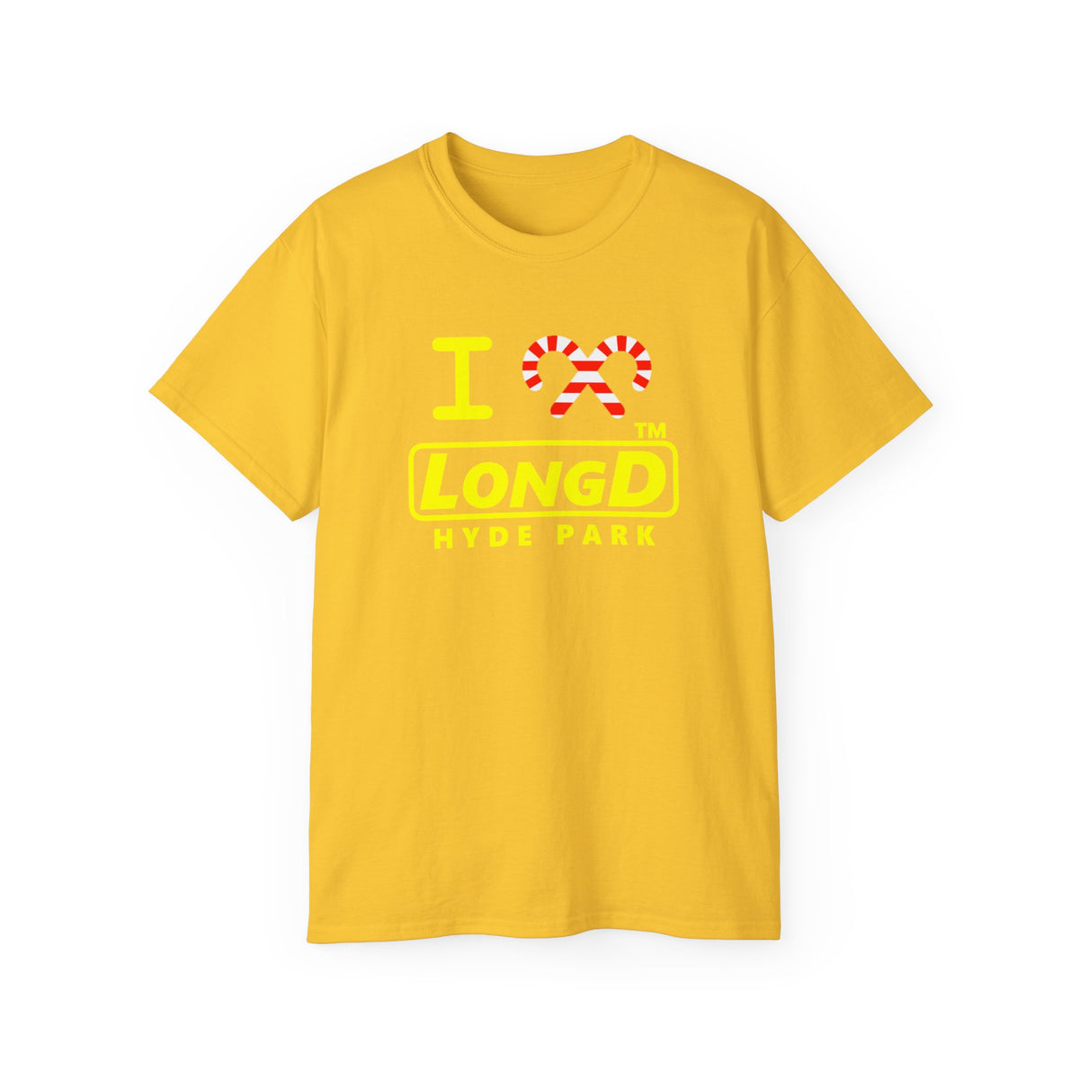 I candy cane LongD Hyde Park positive alternate basic yellow logo cotton tee