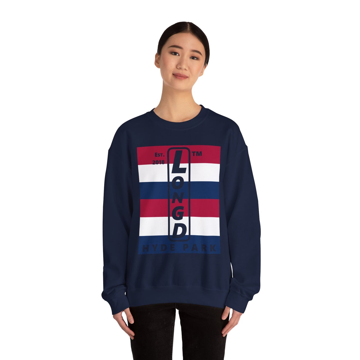LongD negative horizontal 6-striped Hyde Park upright logo crewneck sweatshirt (patriotic colors)