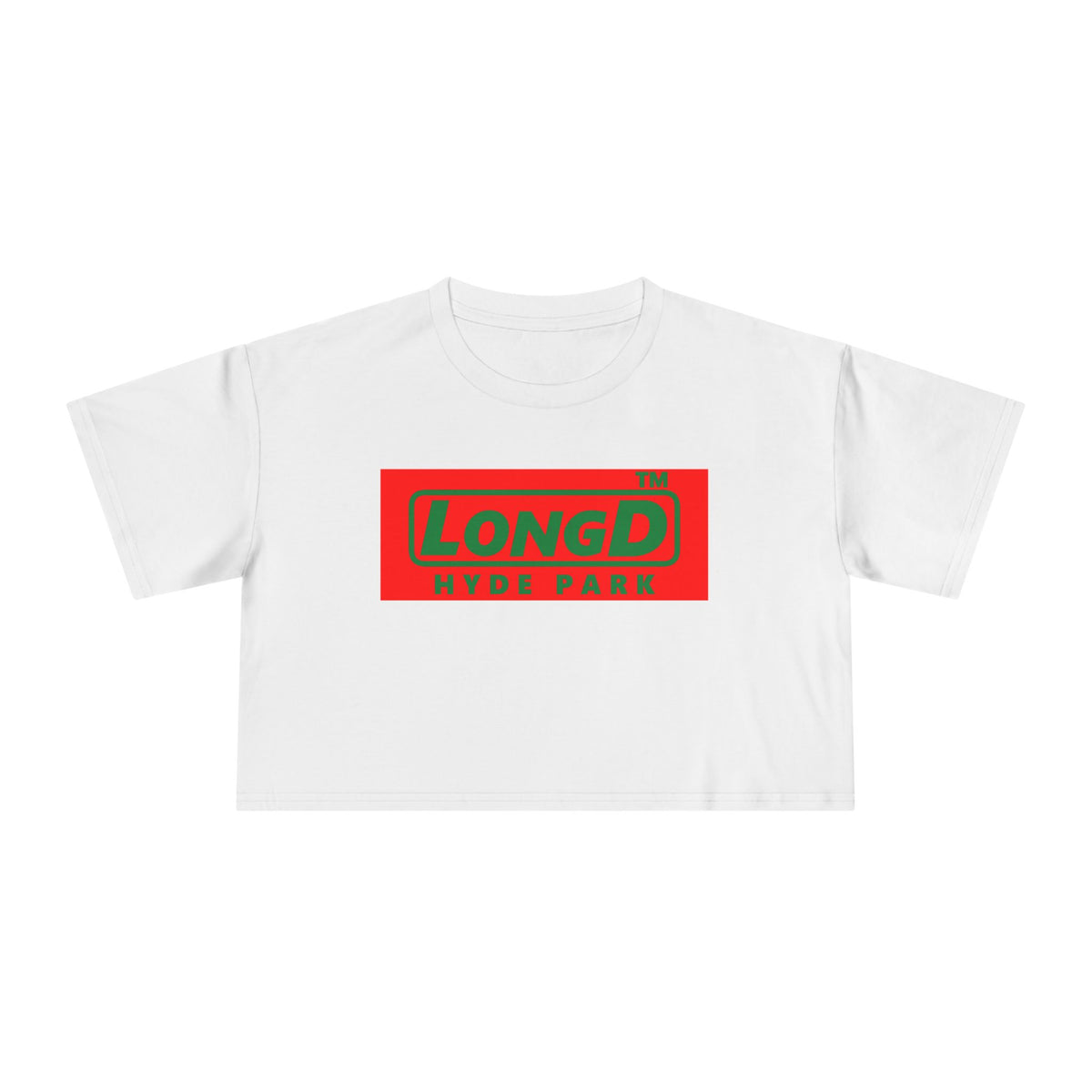 LongD Hyde Park logo positive green on negative red (Xmas colors) crop tee