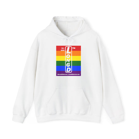 LongD® negative horizontal 6-striped upright tag-domain logo hoodie (Pride colors)