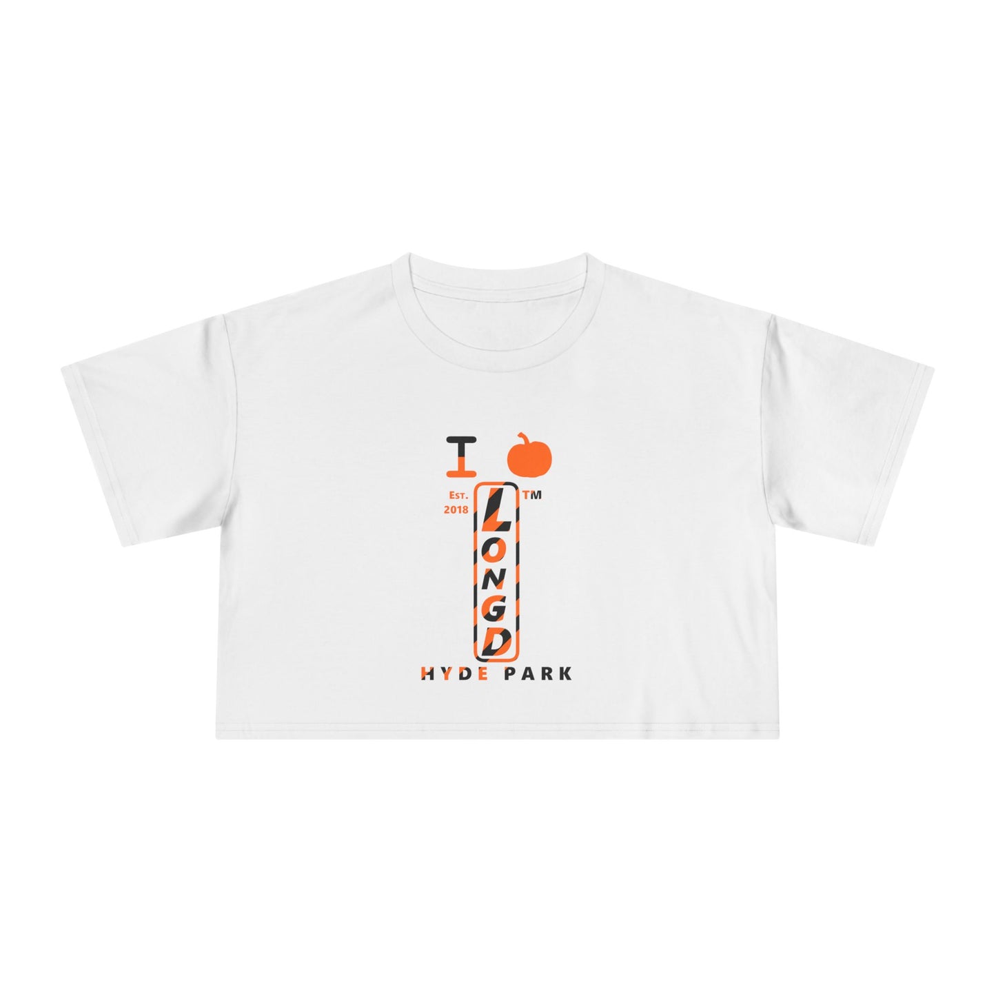 I pumpkin LongD Hyde Park positive upright pixel-weighted 12-striped front-back logo crop tee