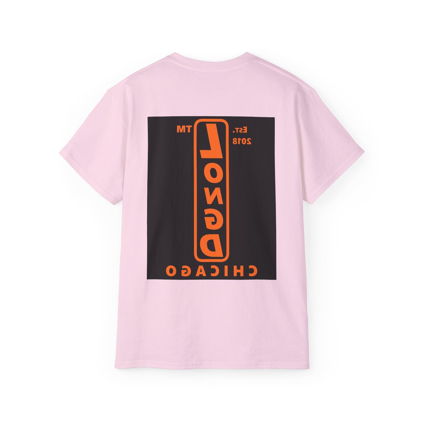 LongD Chicago upright front-back logo orange (FE7518) on Black (000000) cotton tee