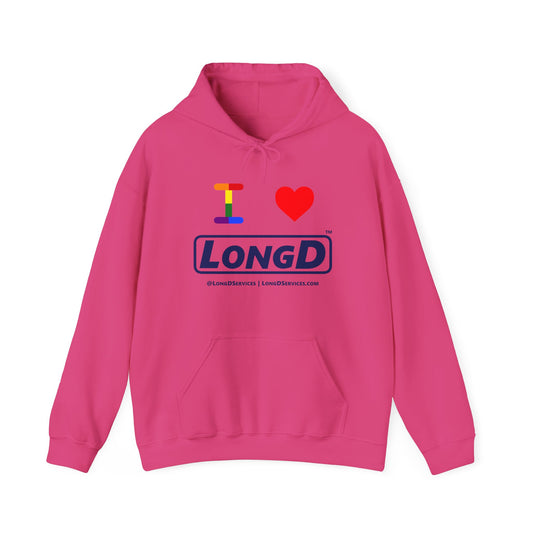 I Luv LongD® Official Logo Hoodie with Pride rainbow "I" and positive logo text