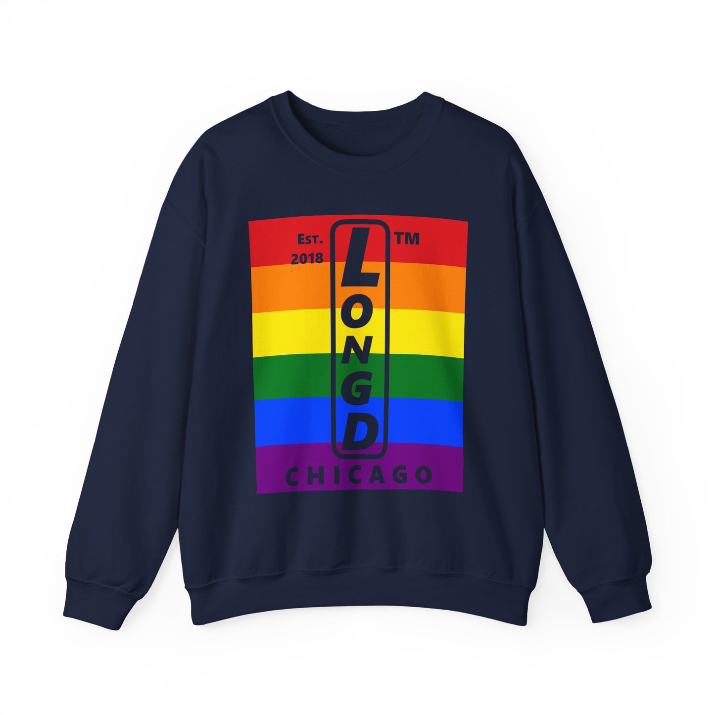 LongD negative horizontal 6-striped Chicago upright logo crewneck sweatshirt (Pride colors)