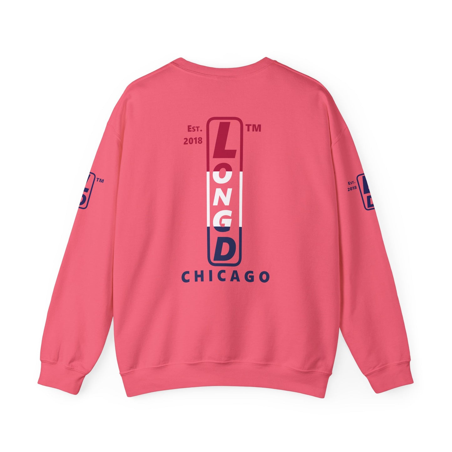 LongD positive horizontal 3-striped Chicago upright 4-print single-breasted logo crewneck sweatshirt (patriotic colors)