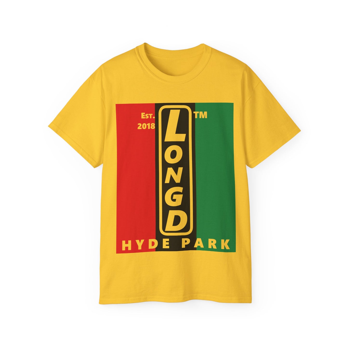 LongD Cotton Tee negative vertical striped Hyde Park upright logo (Juneteenth colors)