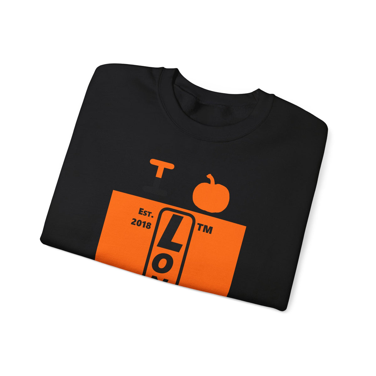 I pumpkin LongD Tag upright logo positive black on negative orange crewneck sweatshirt