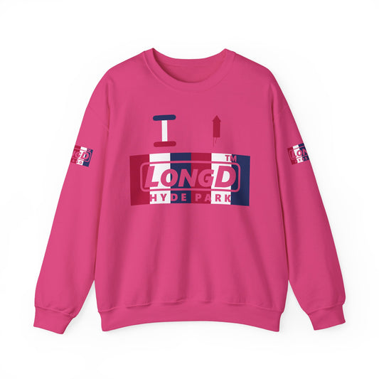I firecracker LongD positive vertical 6-striped 4-print Hyde Park logo crewneck sweatshirt