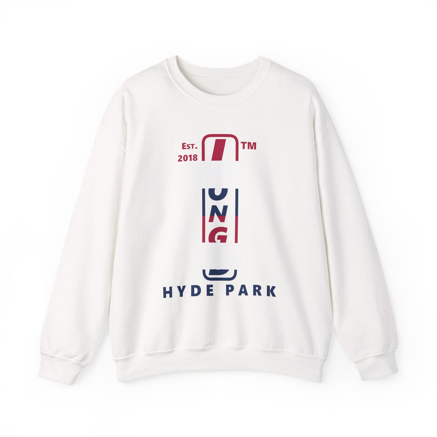 LongD positive horizontal 6-striped Hyde Park upright logo crewneck sweatshirt (patriotic colors)