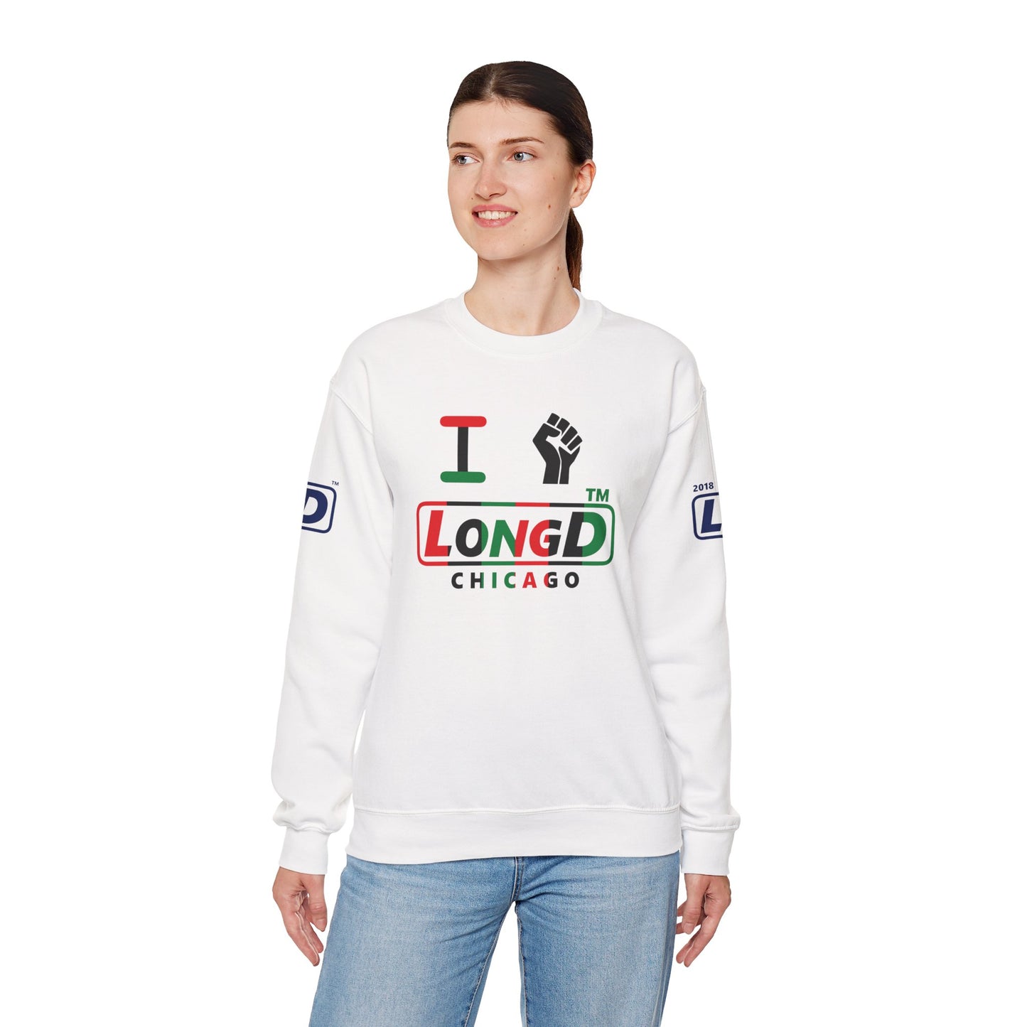 I fist LongD positive vertical 6-striped 4-print Chicago logo crewneck sweatshirt