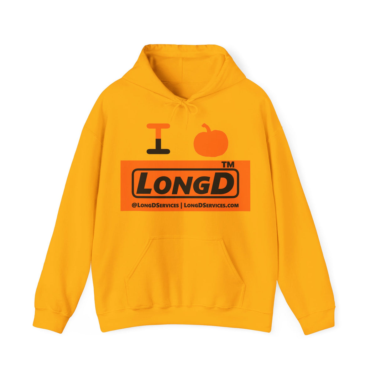 I pumpkin LongD Tag-domain logo positive black on negative orange hoodie