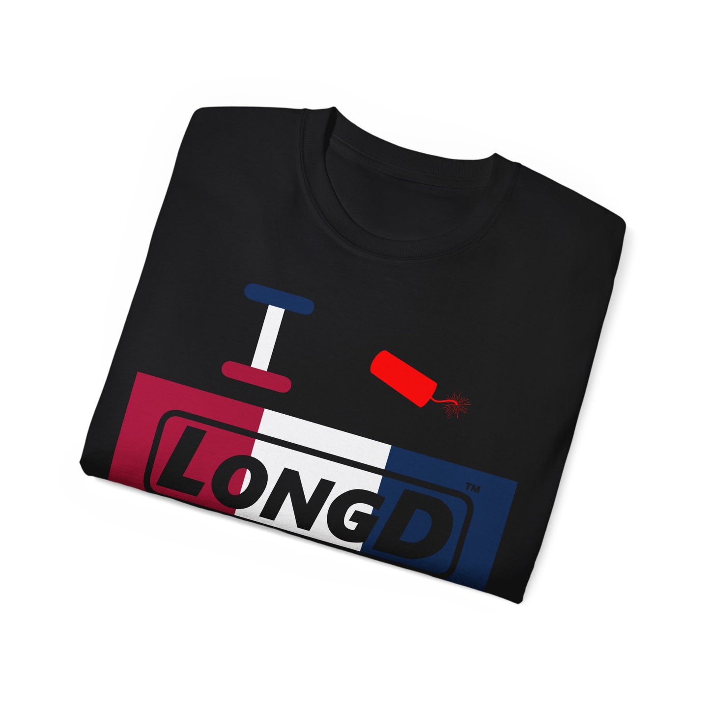 I Firecracker LongD® Logo Cotton Tee Red, White and Blue negative thirds text