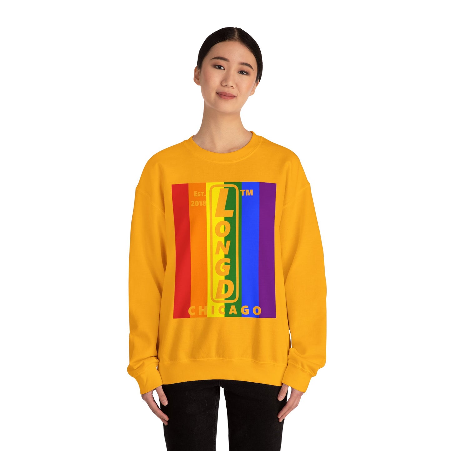 LongD negative cropped flag Chicago upright logo crewneck sweatshirt (Pride colors)