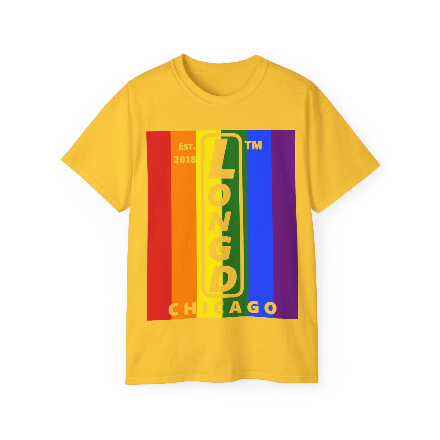 LongD Cotton Tee negative vertical striped Chicago upright logo (Pride colors)
