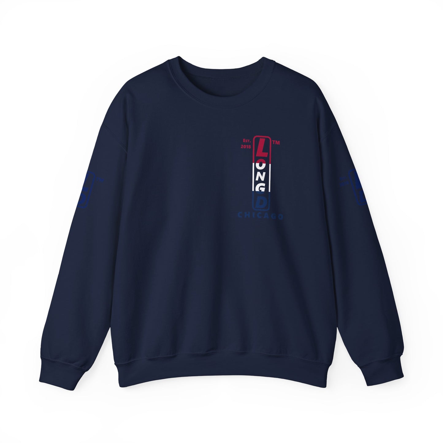 LongD positive horizontal 3-striped Chicago upright 4-print single-breasted logo crewneck sweatshirt (patriotic colors)
