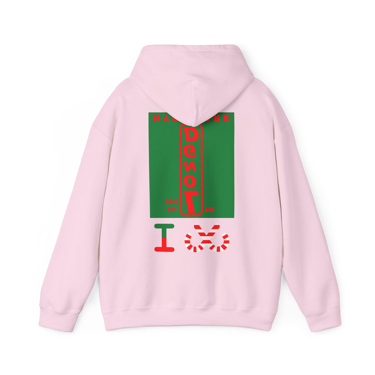 I candy cane LongD Hyde Park upright front-back logo positive red on negative green hoodie